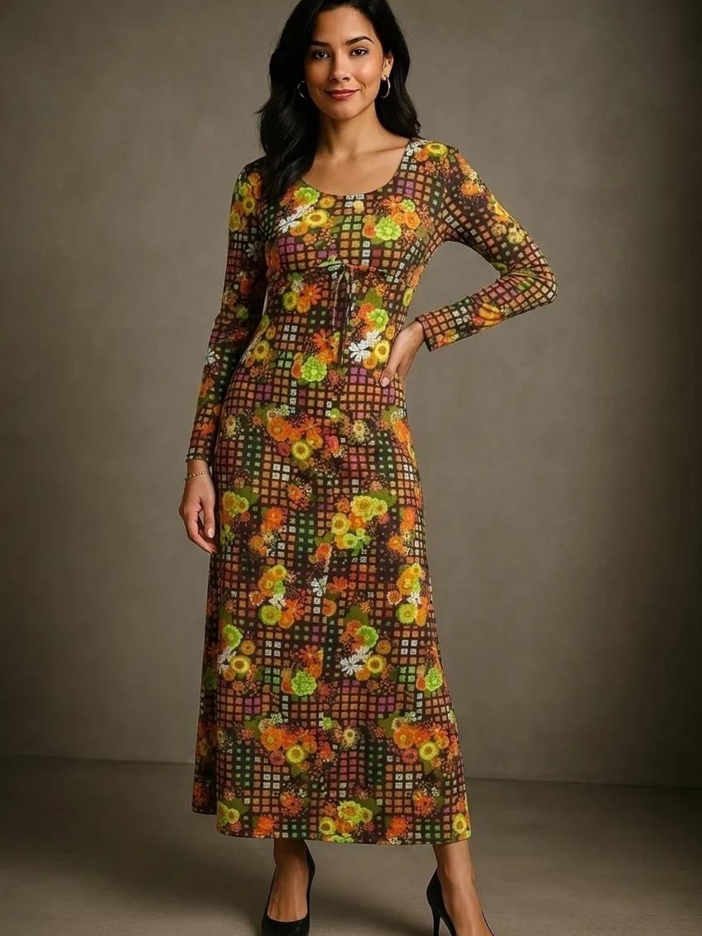 1970s Vintage Bohemian Psychedelic Floral Maxi Dress